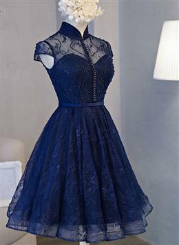 Picture of Pretty Navy Blue Knee Length Lace Party Dresses, Homecoming Dresses